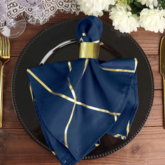 5 Pack Polyester 20"x20" Napkins Navy Blue with Gold Geometric Foil Pattern - Modern Reusable Dinner Napkins