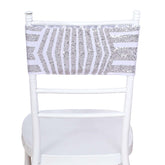 5 Pack Sequin Spandex Chair Sash White with Silver Geometric Diamond Glitz Pattern - Durable & Easy To Use Stretchable Chair Bands