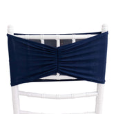 5 Pack Spandex Chair Sashes Navy Blue Ruffled Style - Wide Easy to Use Stretch Chair Bands 8"x13"