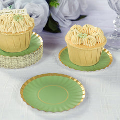 50-Pack Paper 3.5" Round Party Plates in Dusty Sage Green with Gold Scalloped Rim for Tapas, Appetizers & Finger Foods