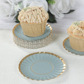 50-Pack Paper 3.5" Round Party Plates in Dusty Blue with Gold Scalloped Rim for Tapas, Appetizers & Finger Foods