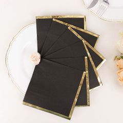 50-Pack Paper Beverage Napkins with Gold Foil Edge Black - Disposable 2 Ply Cocktail Napkins for Events 6.5"x6.5"