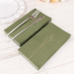 50-Pack Paper Dinner Napkins Dusty Sage Green with Gold Embossed Leaf - Stylish 2-Ply Disposable Napkins for Weddings 18GSM