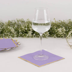 50-Pack Paper Beverage Napkins with Gold Foil Edge Lavender - Disposable 2 Ply Cocktail Napkins for Events 6.5"x6.5"