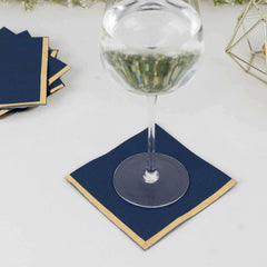 50-Pack Paper Beverage Napkins Navy Blue with Gold Foil Edge - 2 Ply Disposable Soft 18GSM Cocktail Napkins 5"x5"