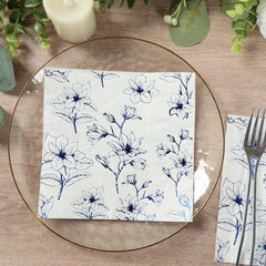 50-Pack Paper Cocktail Napkins with Blue Magnolia Flowers Print White - Highly 2 Ply Absorbent Soft Napkins for Beverages