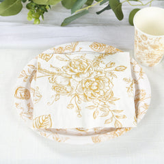 50-Pack Paper Cocktail Napkins with French Toile Floral Pattern White/Gold - Soft 2 Ply Beverage Napkins for Events