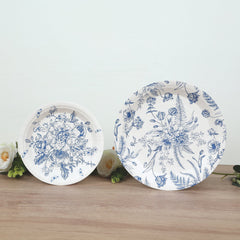 50-Pack Paper Round Dessert and Dinner Plates in White with Blue French Toile Pattern 7", 9"