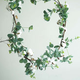 5ft Green Artificial Eucalyptus Leaf, White Cotton Ball Garland Vine