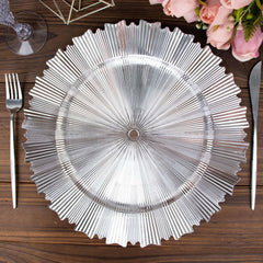 6-Pack Acrylic Plastic Round Charger Plates 13" in Metallic Silver with Sunray Scalloped Rim, Decorative Dinner Party Charger Tableware