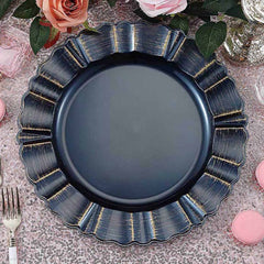 6-Pack Acrylic Plastic Round Charger Plates 13" in Navy Blue with Gold Brushed Wavy Scalloped Rim, Decorative Dinner Party Charger Tableware