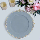 6-Pack Acrylic Round Charger Plates 13" in Dusty Blue with Gold Embossed Baroque Rim, Antique Decorative Dinner Party Charger Tableware