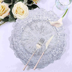 6-Pack Plastic Round Charger Plates 13" in Clear with Reef Design, Decorative Dinner Party Serving Plates