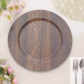 6-Pack Plastic Round Charger Plates 13" in Dark Brown with Faux Wood Finish, Rustic Boho Chic Dinner Party Charger Tableware