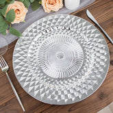 6-Pack Plastic Round Charger Plates 13" in Silver with Diamond Pattern, Sparkling Disposable Dinner Charger Tableware