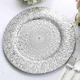 6-Pack Plastic Round Charger Plates 13" in Silver with Embossed Peacock Pattern, Stylish Disposable Charger Tableware