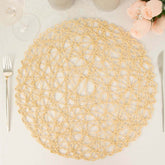 6-Pack Table Placemats Woven Fiber Design Beige Round - Disposable Mats for Dining and Events 15"