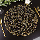 6-Pack Table Placemats Woven Fiber Design Gold Round - Disposable Mats for Dining and Events 15"