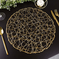 6-Pack Table Placemats Woven Fiber Design Gold Round - Disposable Mats for Dining and Events 15"
