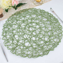 6-Pack Table Placemats Woven Fiber Design Olive Green Round - Disposable Mats for Dining and Events 15"