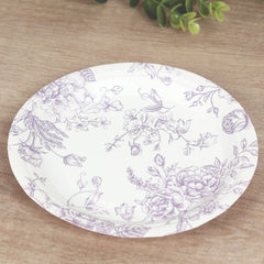 25-Pack Paper 7" Round Dessert Plates in White with Matte Lavender French Toile Pattern - Disposable Floral Salad Appetizer Plates