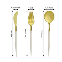 24-Pack Plastic Flatware Set in Metallic Gold with Ivory Handle - Heavy Duty Disposable Modern Silverware 8"