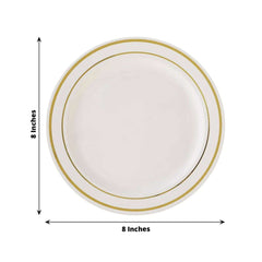 10-Pack Plastic Dessert Plates Ivory with Très Chic Gold Rim - Disposable Plates for Parties 8"
