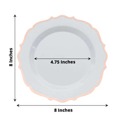 10-Pack Plastic 8" Round Dessert Plates in White with Rose Gold Scalloped Rim - Disposable Appetizer/Salad Plates