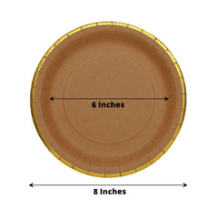 25-Pack Kraft Paper 8" Round Dessert Plates in Natural Brown with Gold Lined Rim - Disposable Salad Appetizer Plates for Rustic & Vintage Inspired Events
