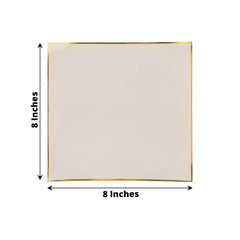 10-Pack Plastic 8" Square Dessert Plates in Taupe Concave Style with Gold Rim - Modern Disposable Salad Appetizer Party Plates