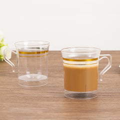 8-Pack Plastic Coffee Mugs Clear with Gold Stripes - Sturdy Disposable Cups for Coffee and Tea 8oz 3.5"