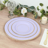25-Pack Paper 8" Round Dessert Plates in Lavender Lilac Sunray Design with Gold Rim - Disposable Heavy Duty 350GSM Appetizer Salad Plates