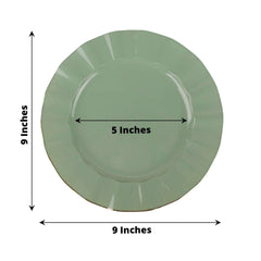 10-Pack Plastic 9" Round Dinner Plates in Dusty Sage Green Ruffled Rim with Gold Edging - Sturdy Disposable Dinnerware