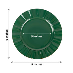 10-Pack Plastic 9" Round Dinner Plates in Hunter Emerald Green Ruffled Rim with Gold Edging - Sturdy Disposable Dinnerware
