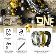 16ft Jumbo Chain Link Balloons in Silver, 30pack 8x12" Durable Foil Chain Balloons for 90s Hip Hop Party Decorations, Event Decor