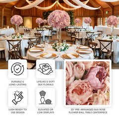Pre-Arranged Silk Rose Wedding Centerpiece, Blush Artificial Rose Flower Balls Arrangement Table Decor - 20"