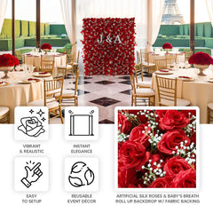 8ftx4ft Roll Up Artificial Flower Wall Panel Backdrop with Red Silk Roses & Baby's Breath