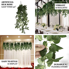 3-Pack Silk Rose Leaf Hanging Plants 40" – Realistic Artificial Greenery Vines for Home, Patio & Event Styling