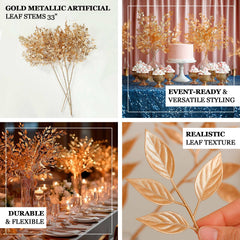4 Pack Gold Metallic Artificial Leaf Sprays 33” – Italian Ruscus Branches Plastic Greenery for Decorative Arrangements