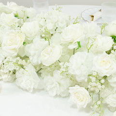 Pre-Arranged Silk Flower Table Runner 40"x16" – White Roses, Hydrangeas & Baby's Breath for Wedding Table & Arch Decor