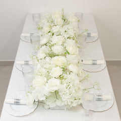 Pre-Arranged Silk Flower Table Runner 40"x16" – White Roses, Hydrangeas & Baby's Breath for Wedding Table & Arch Decor