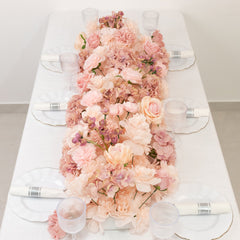 Pre-Arranged Silk Flower Table Runner 40"x16" Mixed Dusty Rose – Roses, Hydrangeas, Chrysanthemums & Peonies for Wedding Table & Arch Decor