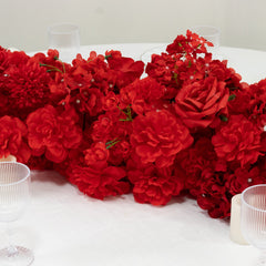 Pre-Arranged Silk Flower Table Runner 40"x16" Mixed Red – Roses, Hydrangeas, Chrysanthemums & Peonies for Wedding Table & Arch Decor