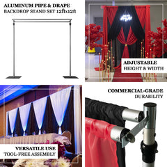 Adjustable Pipe and Drape Backdrop Stand with Double Cross Bars, Silver Aluminum Frame Support System 12ft x 12ft with Heavy Steel Bases