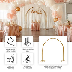 8ft Gold Metal Dome Wedding Arch, Heavy-Duty Backdrop Stand 3D Floral Balloon Frame