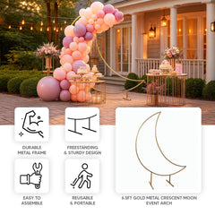 6.5ft Gold Metal Crescent Moon Wedding Arch Backdrop Stand, Curved Arbor Floral Balloon Frame with Sturdy Base