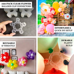 Clear Flower-Shaped Balloon Clip Connectors – 100 Pcs Plastic Clips for Balloon Arch, Garland & Party Decoration Supplies