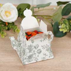 25 Pack 5"x4" Mini Teapot Favor Boxes – White Sage Green French Toile Design Gift Boxes
