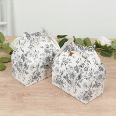 25 Pack Candy Treat Tote Boxes in French Toile Pattern - Matte Black and White Party Favor Gable Boxes, Cardstock Paper - 6"x3.5"x7"