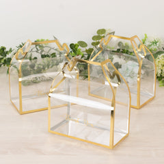 25 Pack Clear PVC Tote Gift Boxes with Gold Trim, Transparent Gable Candy Favor Boxes with Thank You Design - 6"x3.5"x7"